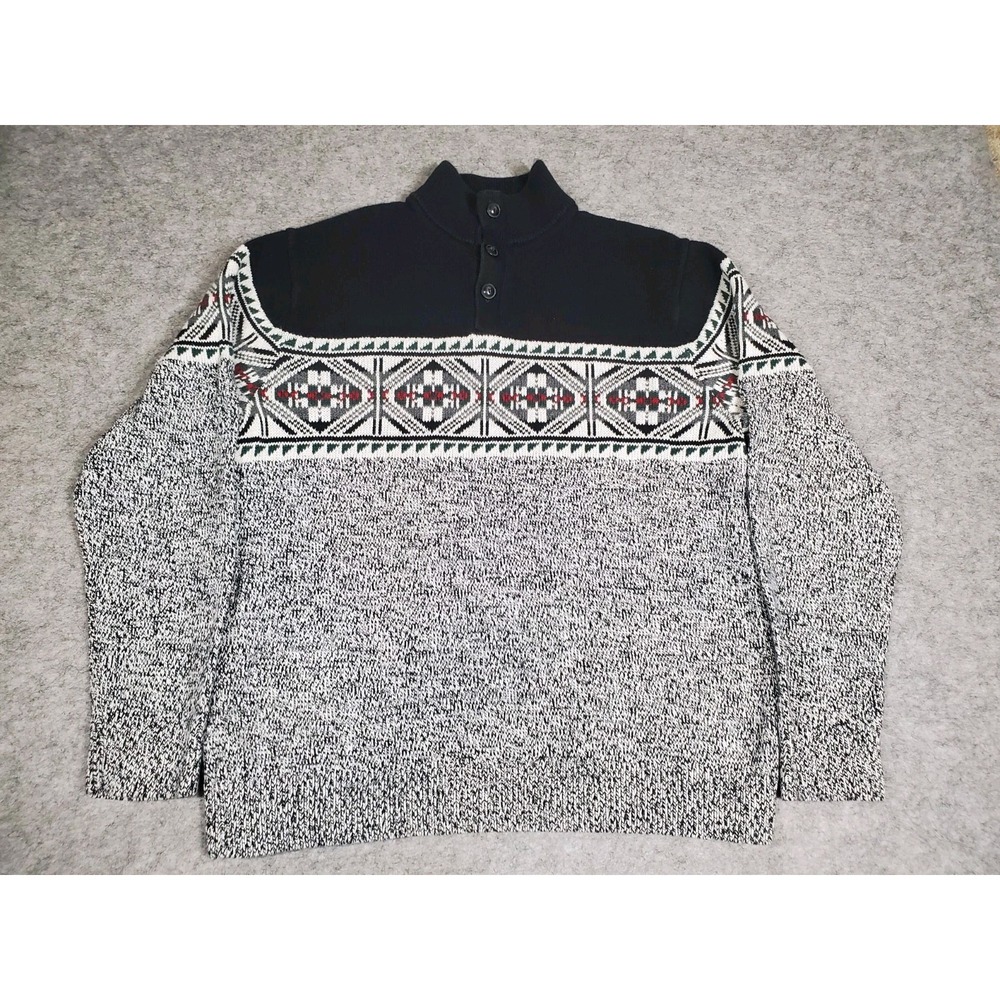 Chaps Men's Grey Geometric Long Sleeve Sweater Button High Neck Casual Size L